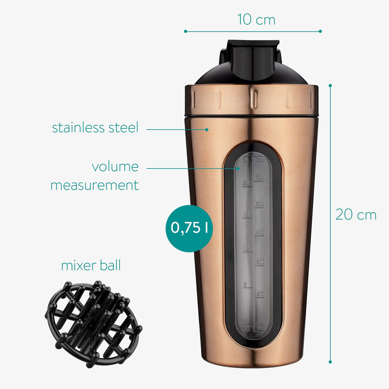 Navaris Stainless Steel Protein Shaker - 750ml Metal Nutrition Protein Fuel Drink Bottle with Mixer Blend Ball - 0.75 Litre Protein Shaker - Copper 750 ml (Pack of 1) Metallic Copper - NewNest Australia