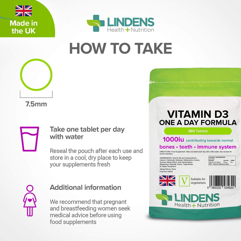 Lindens Vitamin D3 1000IU - 360 Tablets - Immune System, Bones, Teeth, UK Manufacturer Immune Support | (12 Months Supply) | Suitable for Vegetarians | Letterbox Friendly 360 Count (Pack of 1) - NewNest Australia