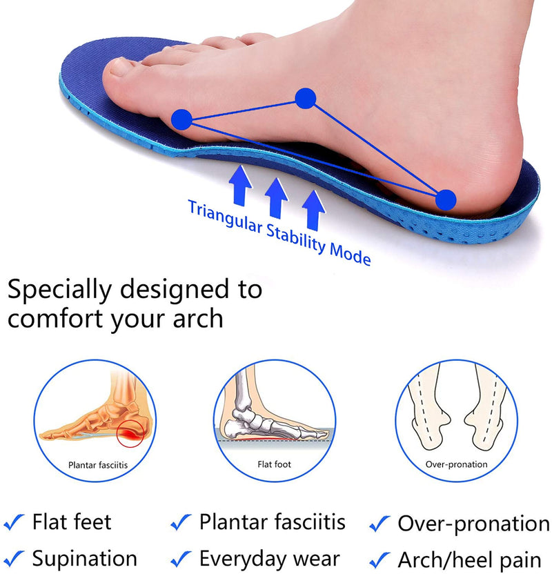 Low Arch Elastic Comfort Insole Sports Foam Compression Shock Absorption Shock Absorption Anti-Fatigue Insole Suitable for Flat Heel Pain(Size:UK-7,Length:10.25",Blue) UK-7-26CM--10.25" Blue - NewNest Australia