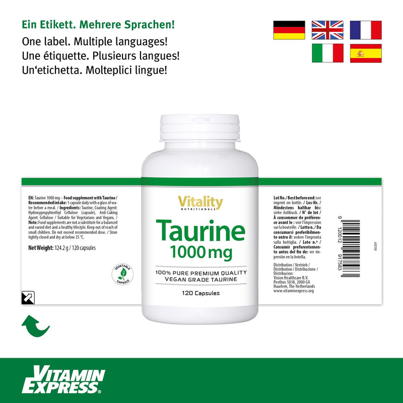 Taurine 1000 Mg, 120 Capsules For 4 Months. Taurine High Dose With 1000 Mg Pure Taurine Per Capsule. Free From Lactose, Soy, Gluten And Yeast. Vegan. Vitality Nutritionals By Vitaminexpress - NewNest Australia