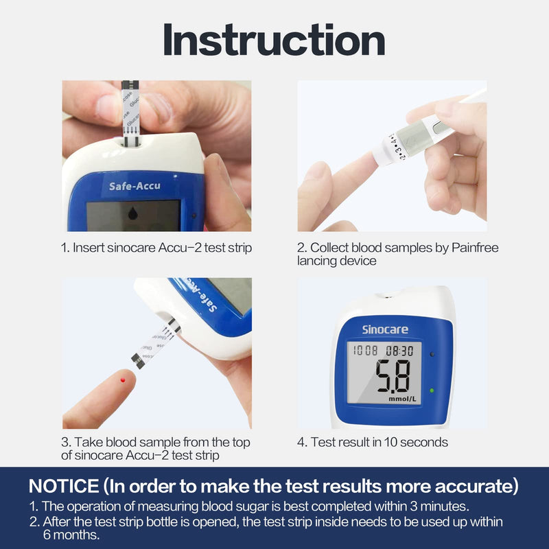 sinocare Diabetes Testing Kit/Blood Sugar Monitor Safe Accu2 /Blood Glucose Monitor with Light Warning, with Strips x 100 & Lancing Devices x 100 & Case for UK Diabetics -in mmol/L safe-accu2 kit-100 - NewNest Australia