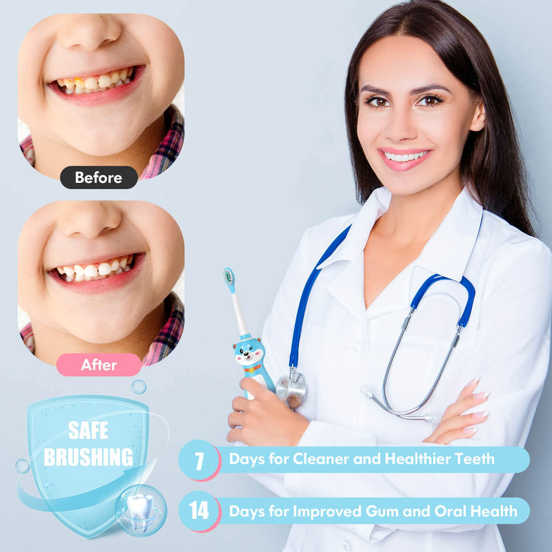 Kids Electric Toothbrush Rechargeable, Sonic Silicone Teeth Brush with Timer for Children Boys Girls Ages 3+, 3 Modes with Memory, 4 Soft Brush Heads (Blue Shiba Inu Dog) Blue - NewNest Australia