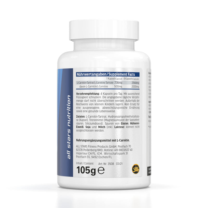 All Stars Carnitine Tartrate, High Dose - 2000 Mg Premium Quality L-Carnitine Per Serving, Supports Fat Burning & Definition Phase, 120 Hpmc Capsules, Vegan, No Gelatin, Pack Of 1 (1 X 105 G) - NewNest Australia