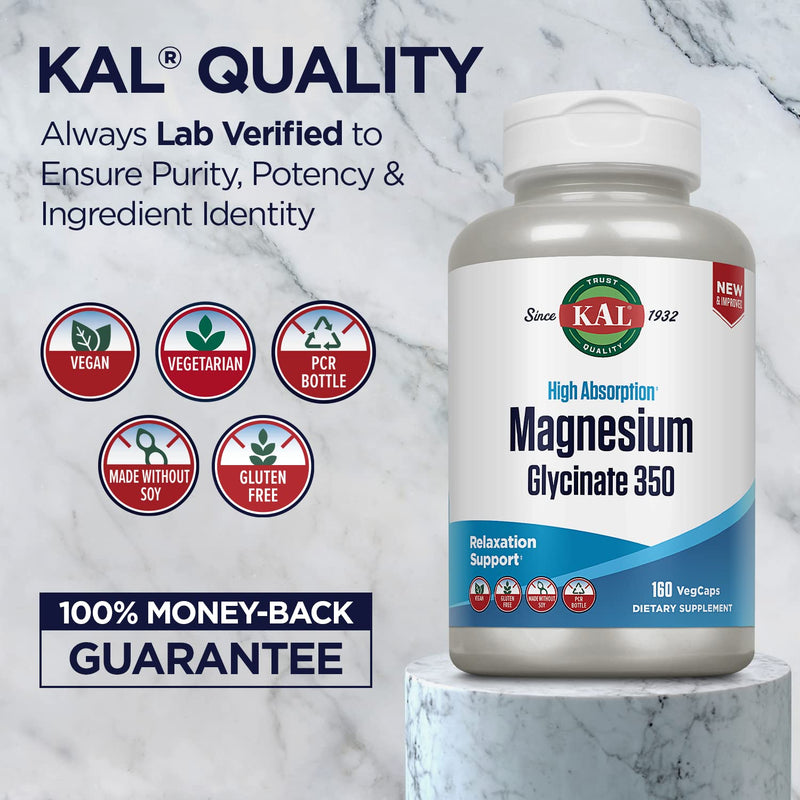 KAL Magnesium Glycinate High Absorption, Healthy Relaxation, Muscle Function & Bone Support, New & Improved (160 Count) 160 Count - NewNest Australia
