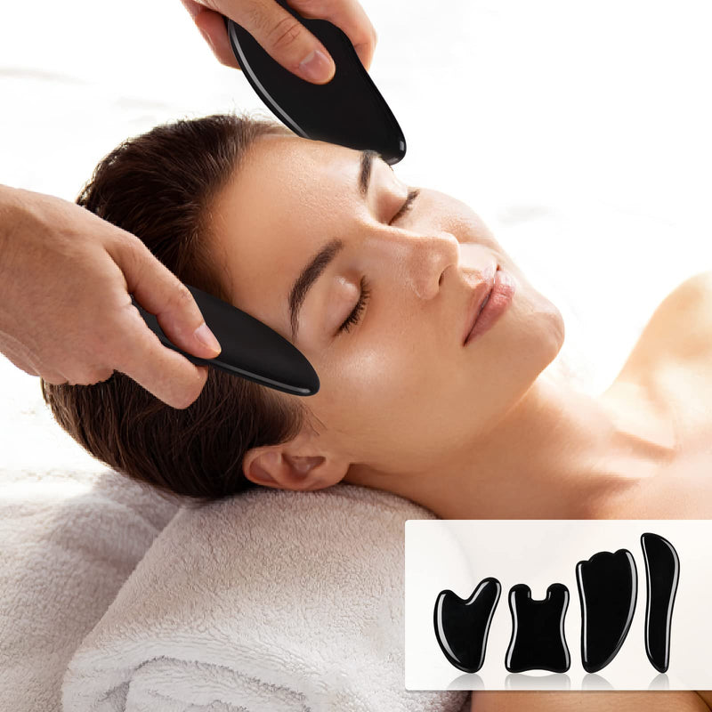 airogym Guasha Massage Tool，Natural Stone Gua Sha Board, 4PCS Guasha Stone Scraping Massage Sets for SPA Acupuncture Physical Therapy Muscle Knots Facial Caring Point Treatment (Black Stone) Black Stone - NewNest Australia