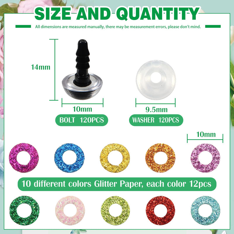 TOAOB 120pcs Glitter Plastic Safety Eyes 10 Colors Premium Half Round 10mm Crafts Doll Eyes with Washers for Stuffed Animals Amigurumis Bears Dolls Making - NewNest Australia
