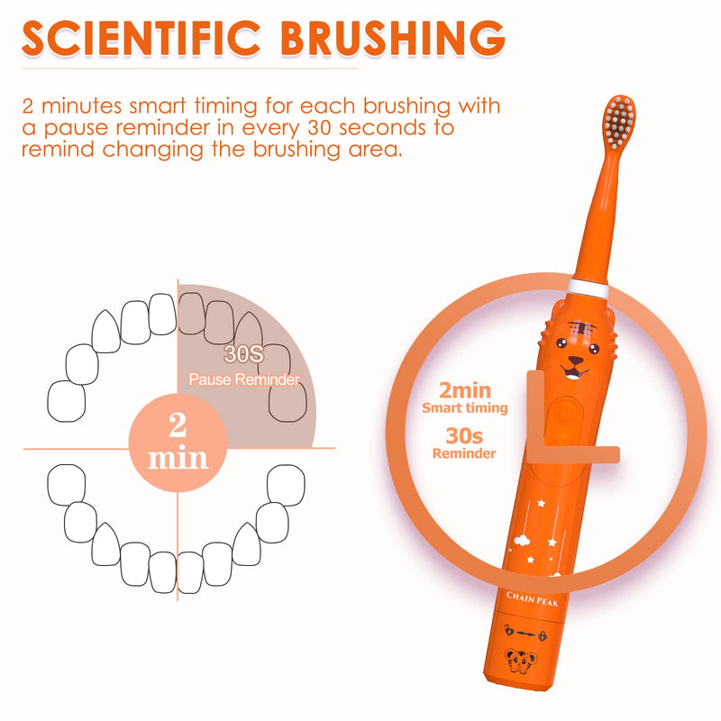 Kids Sonic Electric Toothbrush, Rechargeable Smart Toothbrush for Children, Toothbrush for Toddlers Boys Girls Age 3-12 with 30s Reminder, 2 Mins Timer, 6 Modes, 6 Brush Heads, Wall-Mounted Holder 8650 Orange+ 6 Heads+ Stand - NewNest Australia