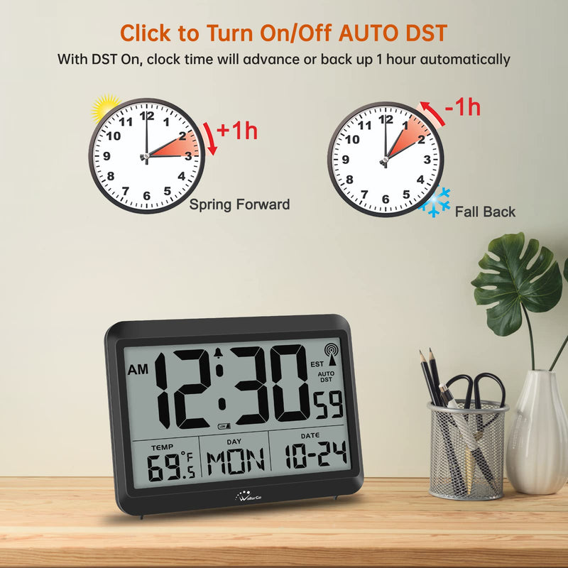 WallarGe Atomic Clock Battery Operated - Large Display Digital Alarm Clock with Seconds and Indoor Temeperature, 4 Time Zones, DST Black - NewNest Australia