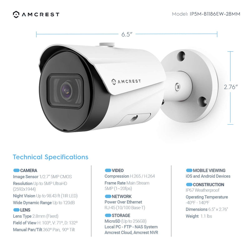 Amcrest UltraHD 5MP Outdoor POE Camera 2592 x 1944p Bullet IP Security Camera, Outdoor IP67 Waterproof, 103° Viewing Angle, 2.8mm Lens, 98.4ft Night Vision, 5-Megapixel, IP5M-B1186EW-28MM (White) White - NewNest Australia