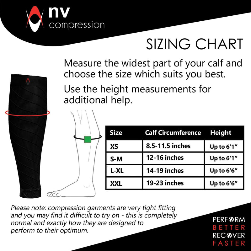 NV Compression Essential Race and Recover Calf Guards/Sleeves (PAIR) 20-30mmHg - For Sports Recovery, Shin Splints, Medical, Work, Flight - Running, Cycling (S.Blk, XS_ Solid Black XS - NewNest Australia