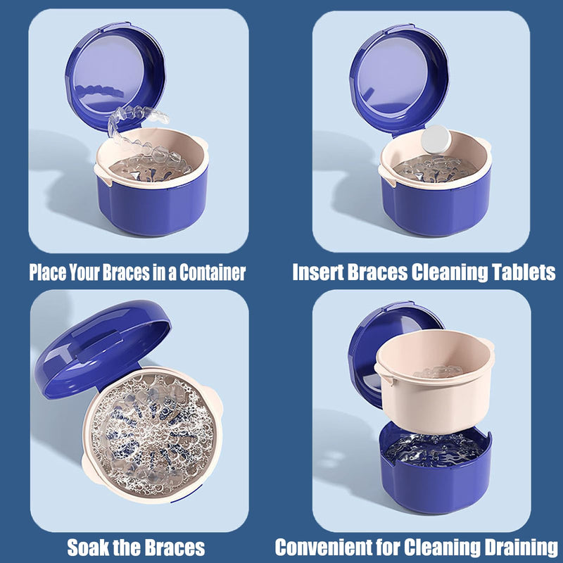 Denture Brush Set, Denture Container, Denture Bath Box, Denture Box With Mirror, With 2 X Aligner Removal Tools For Braces Or Dentures, Cleaning And Storing For Travel, Blue - NewNest Australia