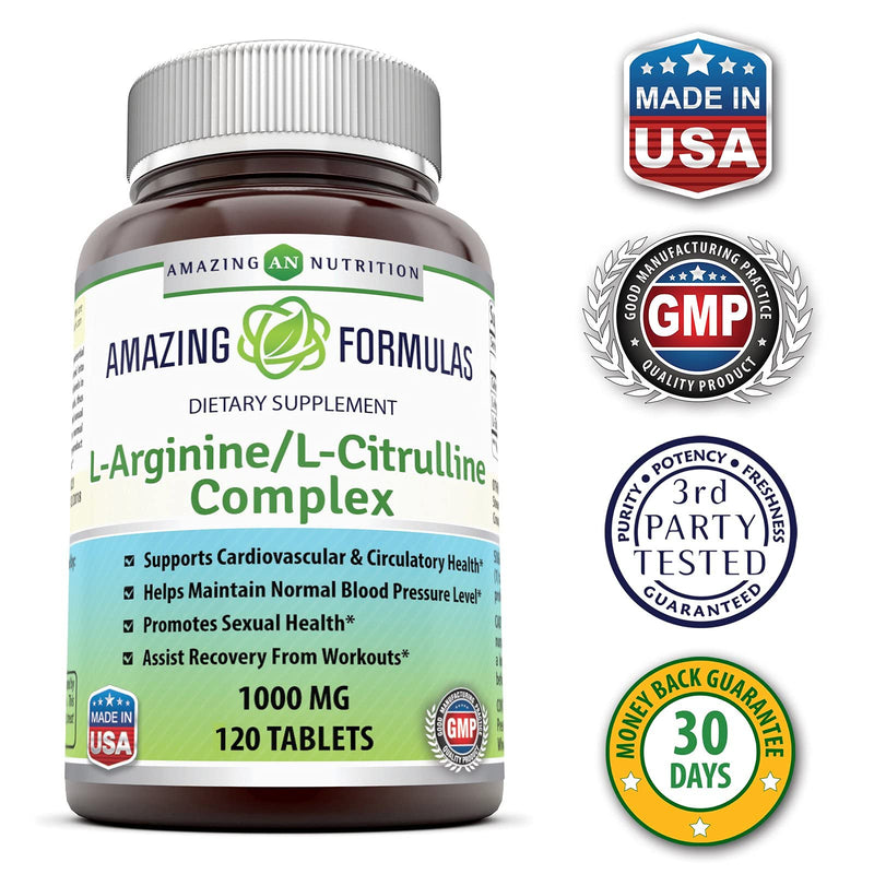 Amazing Nutrition L-Arginine/L-Citrulline Complex 1000 Mg Combines Two Amino Acids with Potential Health Benefits Supports Energy Production Ads (120 Tablets) (Non-GMO,Gluten Free) 120 Count (Pack of 1) - NewNest Australia