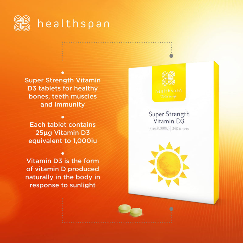 Healthspan Super Strength Vitamin D3 (60 Tablets) | Immune Health | Bone, Teeth & Muscle Health | Contains 1,000iu of Natural Source Vitamin D3 in Each Tablet | Vegetarian 60 Count (Pack of 1) - NewNest Australia