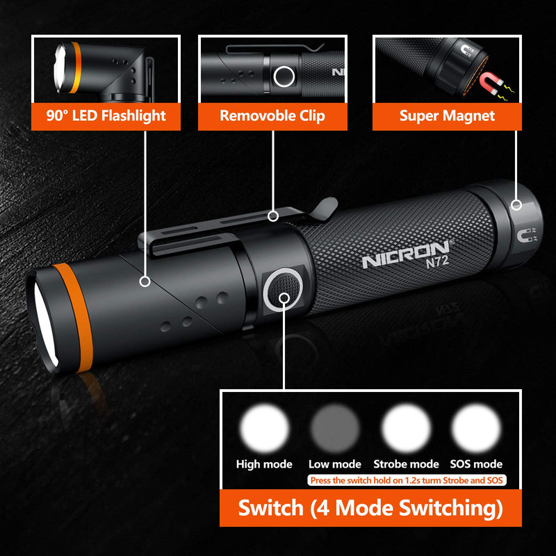 Flashlight, NICRON N72 800 Lumens Tactical Flashlight, 90 Degree Flashlight IPX4 Waterproof Led Flashlight 4 Modes- Best High Lumens Are For Camping, Outdoor,Maintain (18650/AAA Not included) - NewNest Australia