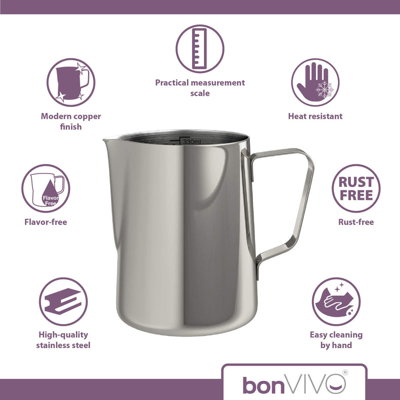 bonVIVO Muvo Stainless Steel Milk Jug with Silver Finish, Milk Frothing Jug 330 ml, Barista Milk Jug with Practical Scale, Milk Frother Jug for The Perfect Cappuccino Or Latte - NewNest Australia