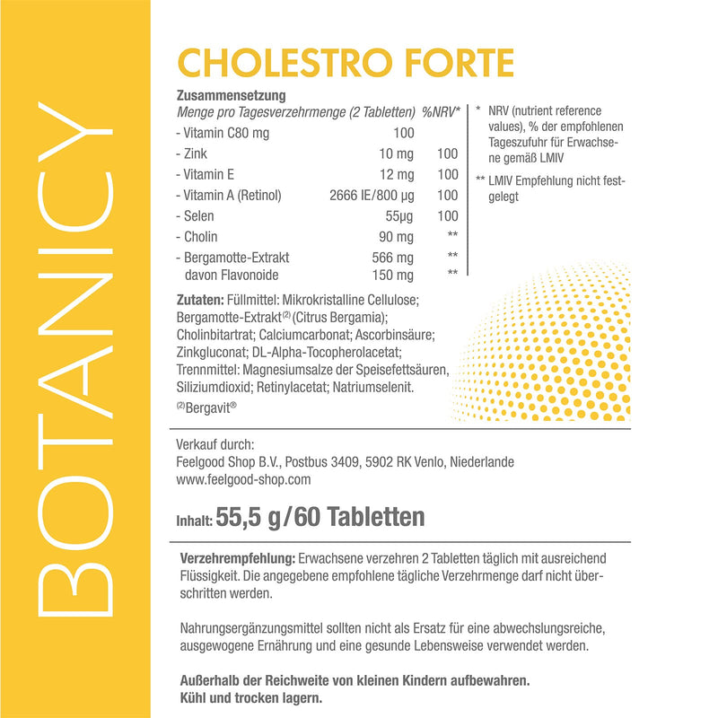 Botanicy Cholestro Forte With Bergavit - Cholesterol Naturally Lower - Bergamot Extract, Vitamin A, C And E, Zinc, Selenium & Choline - Hormone-Free, Vegan - 60 Tablets - NewNest Australia