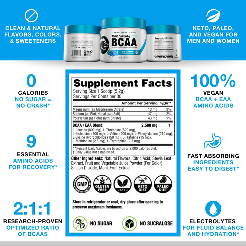Honey Badger BCAA Amino Acids Powder | Vegan Keto Blue Raspberry BCAAs + EAA for Men & Women | Electrolytes for Hydration & Post-Workout Recovery | Sugar Free & Paleo | 30 Servings - NewNest Australia