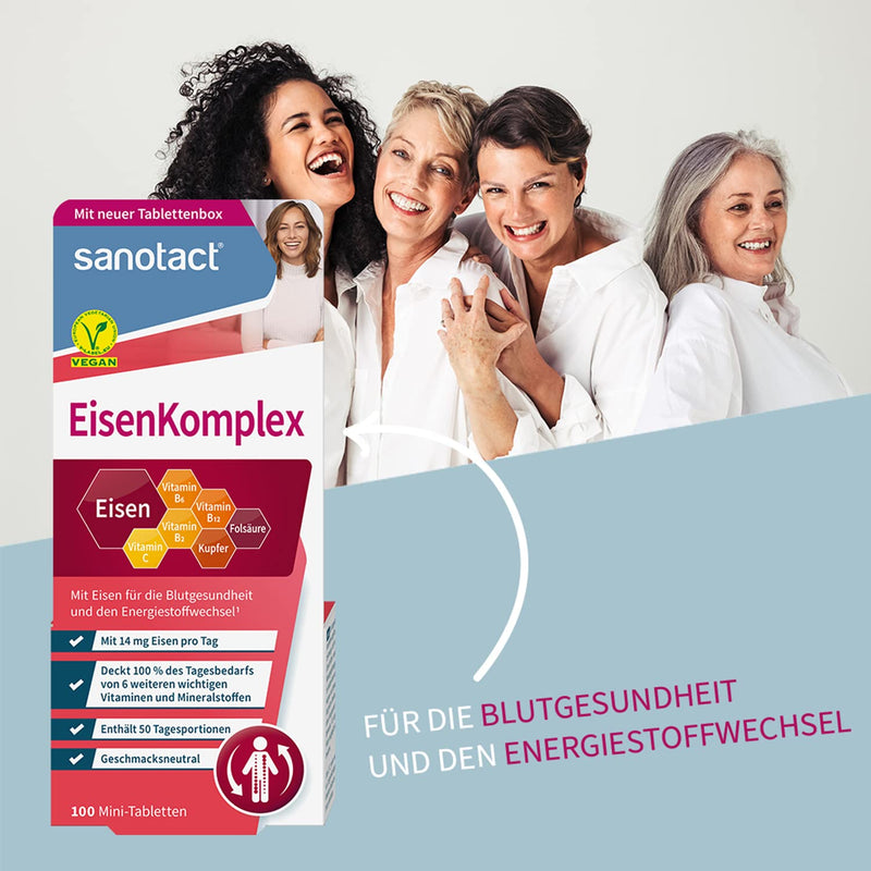 sanotact iron complex mini tablets • 100 mini iron tablets vegan • With high doses of iron, copper, folic acid, vitamin C, B2, B6, B12 • Immediate effect for iron deficiency 50 portions (pack of 100) - NewNest Australia
