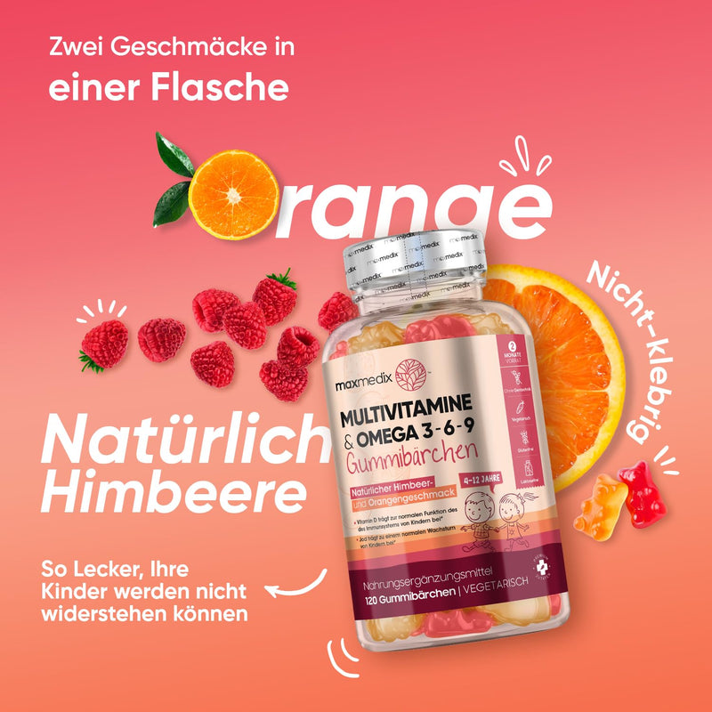 Maxmedix Multivitamin Gummy Bears For Children - With Omega 3, 6, 9, Iodine & Zinc - 120 Vitamin Gummies - Vitamin C, D3, B - Vegetarian & Tested Ingredients - No Gelatin & Additives - NewNest Australia