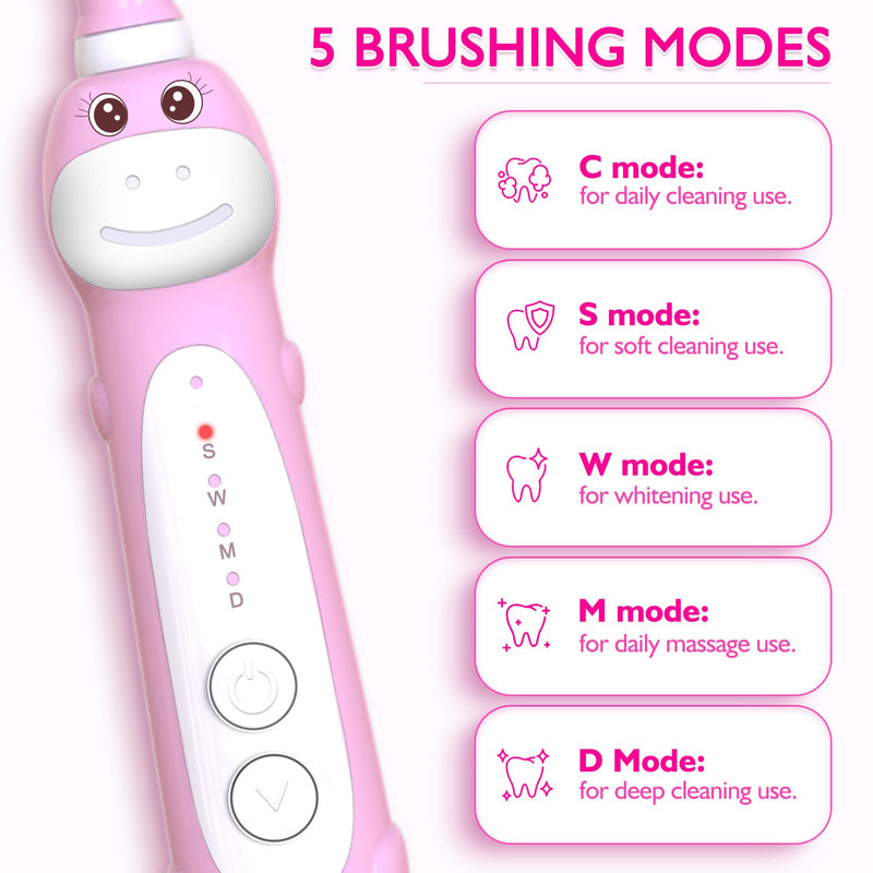 Dinosaur Toothbrush, Kids Sonic Electric Toothbrush for Children, Toddlers Boys Girls Age 3-12 with 30s Reminder, 2 Mins Timer, 5 Modes, 6 Brush Heads, Rechargeable, Wall-Mounted Holder 8680 Pink+ 6 Heads+ Holder(package Might Vary) - NewNest Australia