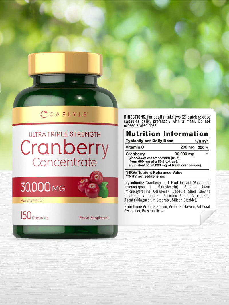 Triple Strength Cranberry 30,000mg Plus Vitamin C | 150 Capsules | High Strength Daily Supplement | Fast Acting | UTI Support for Men & Women | No Artificial Preservatives | by Carlyle - NewNest Australia