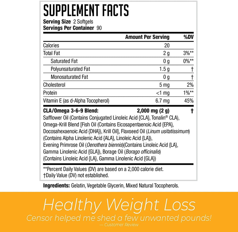 NDS Nutrition Censor - Fat Loss and Body Toner with CLA, Fish Oil, Safflower and Omega 3-6-9 Blend - Dietary Supplement for Improved Energy and Health (90 Softgels) 90 Count (Pack of 1) - NewNest Australia