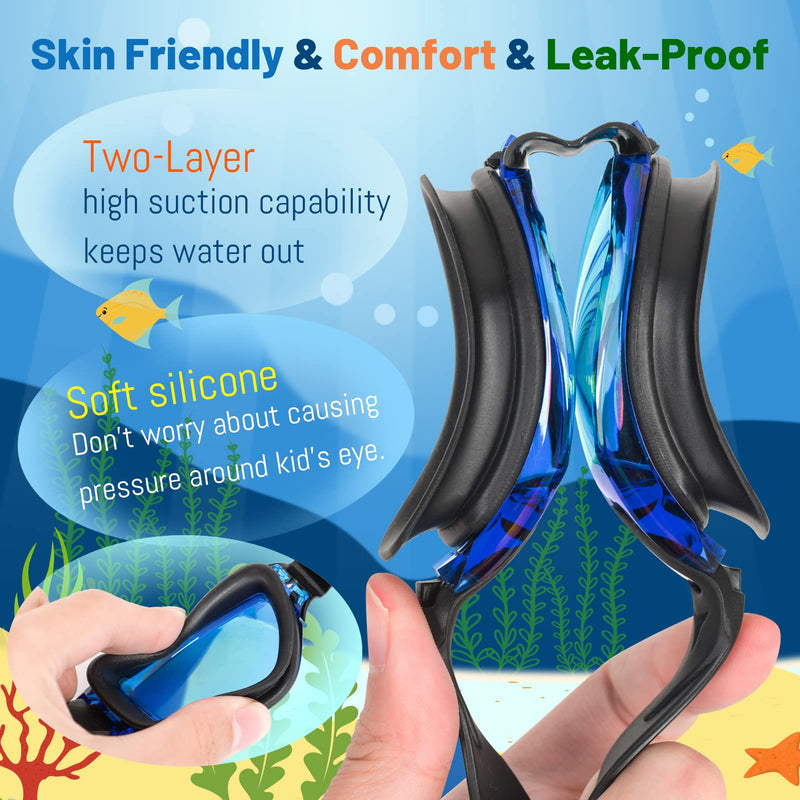 Braylin Kids Swim Goggles, 2-Pack Swimming Goggles for Children, Teens, Boys or Girls, Anti-Fog Clear Vision Swim Pool Goggle 01.black(ultra Mirror Lens) + Blue(ultra Mirror Lens) - NewNest Australia