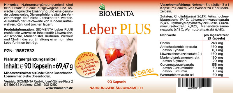 BIOMENTA Liver Plus - 90 high-dose liver capsules - with choline, milk thistle, artichokes, dandelion - vegan - premium quality - NewNest Australia