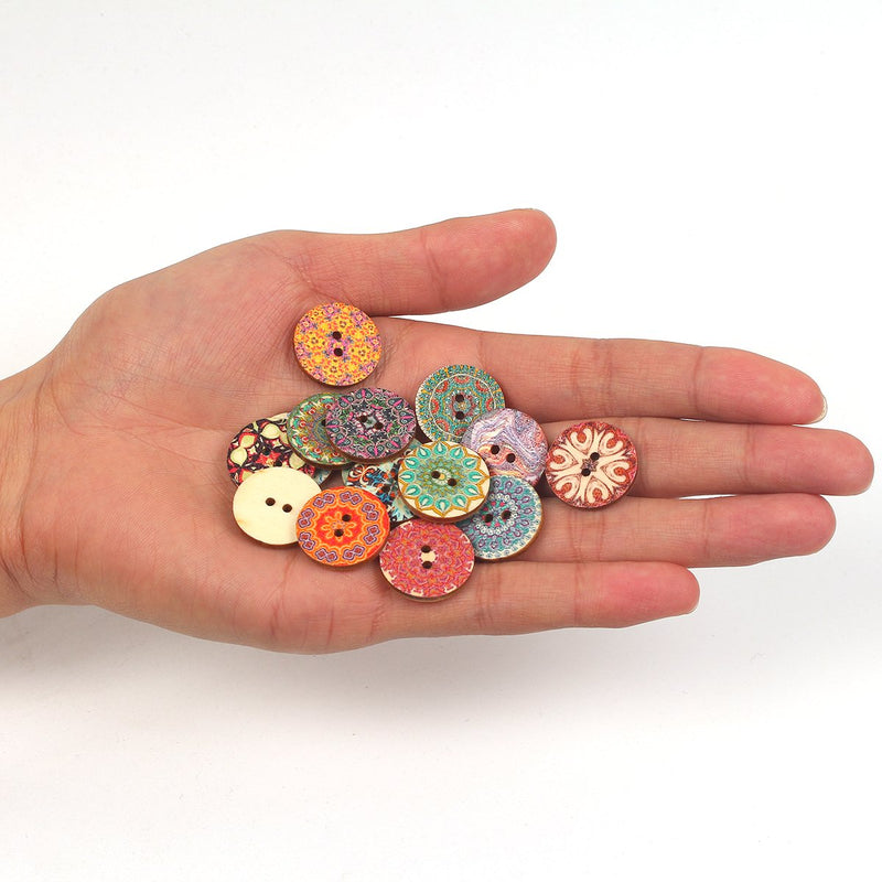 Mahaohao 100pcs Mixed Random Flower Painting Round 2 Holes Wood Wooden Buttons for Sewing Crafting 20mm - NewNest Australia