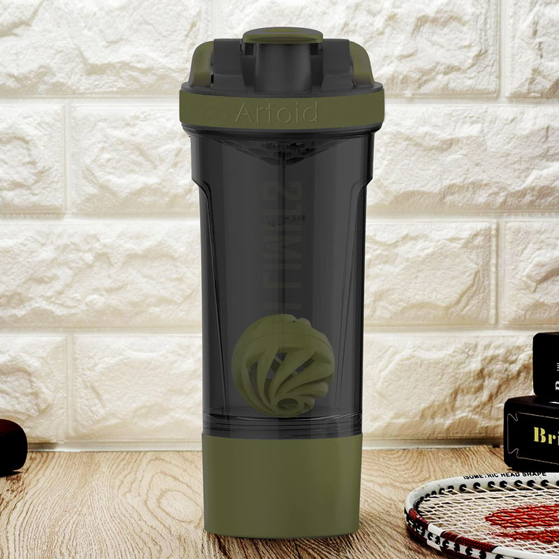 Artoid Inspirational Fitness Workout Sport Protein Shaker Bottle 680 ml, Dual Mixing Technology with Shaker Balls & Mixing Grids Included, Twist and Lock Protein Box Storage Included, Plastic Black/Green - NewNest Australia