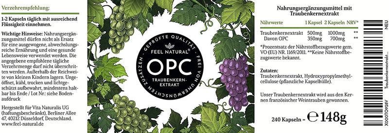 Opc Grape Seed Extract - 240 Capsules - Highest Opc Content According To Hplc - Laboratory Tested Opc From French Grapes - 1000Mg Extract With 700Mg Opc - Vegan, Produced In Germany - NewNest Australia