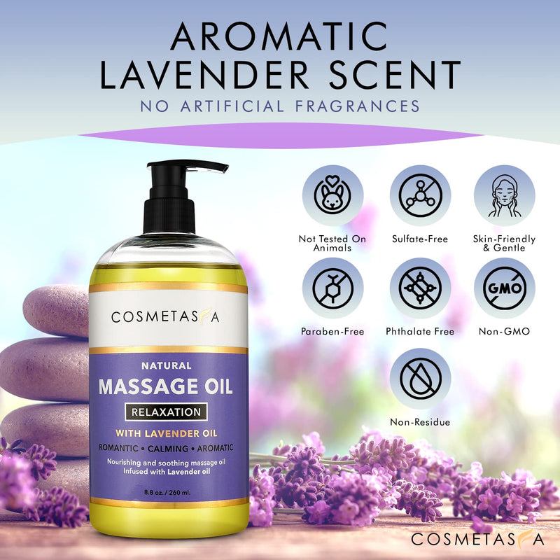 Lavender Relaxation Massage Oil - No Stain 100% Natural Blend of Spa Quality Oils for Romantic, Calming, Aromatic, Soothing Massage Therapy 8.8 oz by Cosmetasa 8.8 Fl Oz (Pack of 1) - NewNest Australia