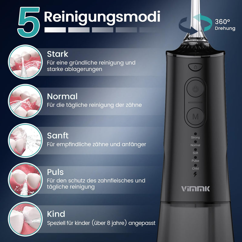 Oral Irrigator Wireless Electric Tooth Cleaner, Vimmk Dental Irrigator Water Flosser 5 Modes & 8 Nozzles USB-C Rechargeable Water Flosser IPX7 Waterproof, 300ML Water Tank Mouth Cleaner (Black) Black - NewNest Australia