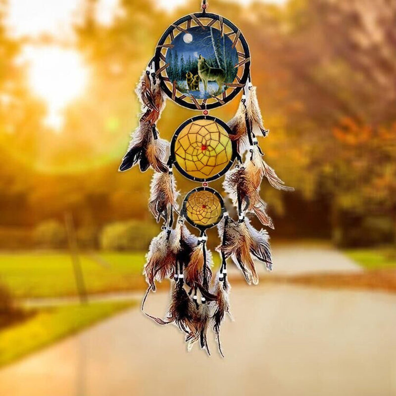 NewNest Australia - Willcomes Handmade Wolf Dream Catcher Wind Chimes Indian Style Feather Pendant Ornament Car Hanging Dreamcatcher Gift 