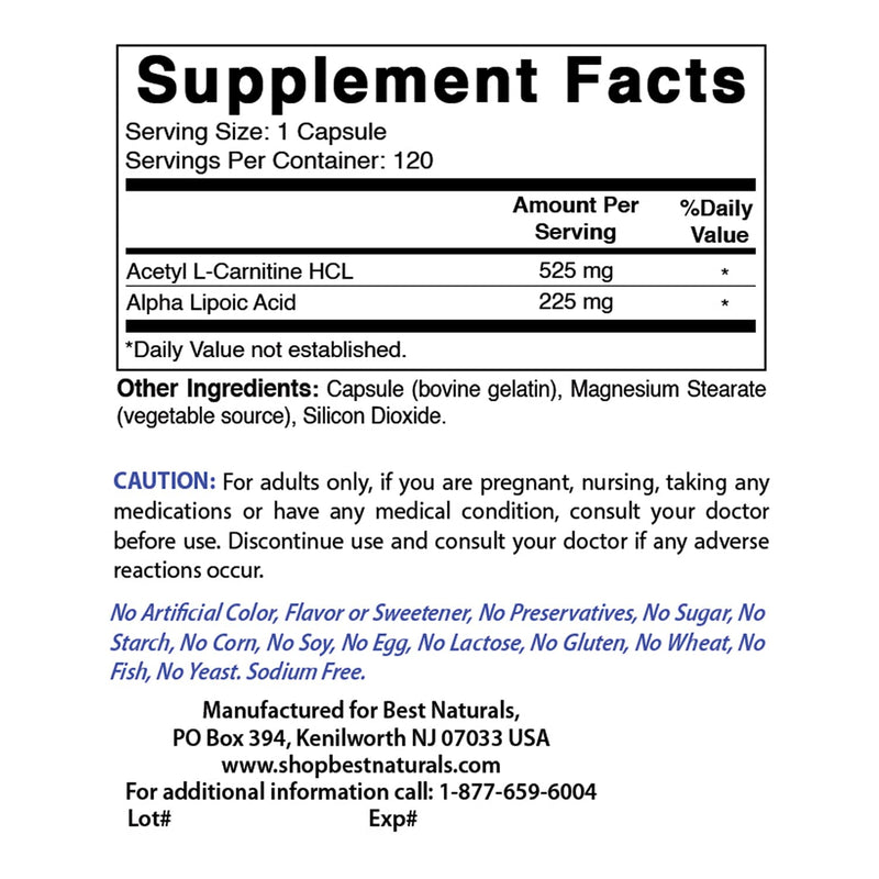 Best Naturals Acetyl L-Carnitine and Alpha Lipoic Acid 750 mg 120 Capsules 120 Count (Pack of 1) - NewNest Australia