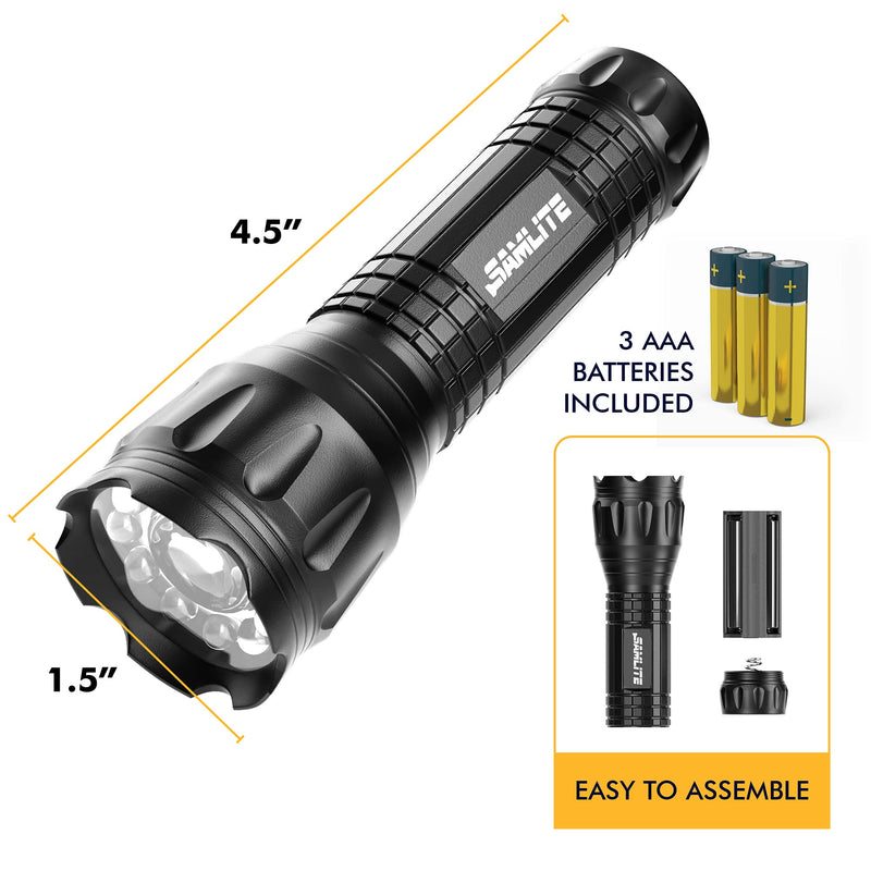 SAMLITE- LED Tactical Flashlight With 5 Options, Bright LED Light, Laser Pointer, UV Blacklight, Green Light and Magnetic Bottom - Water Resistant - (3 AAA Batteries Included) - NewNest Australia