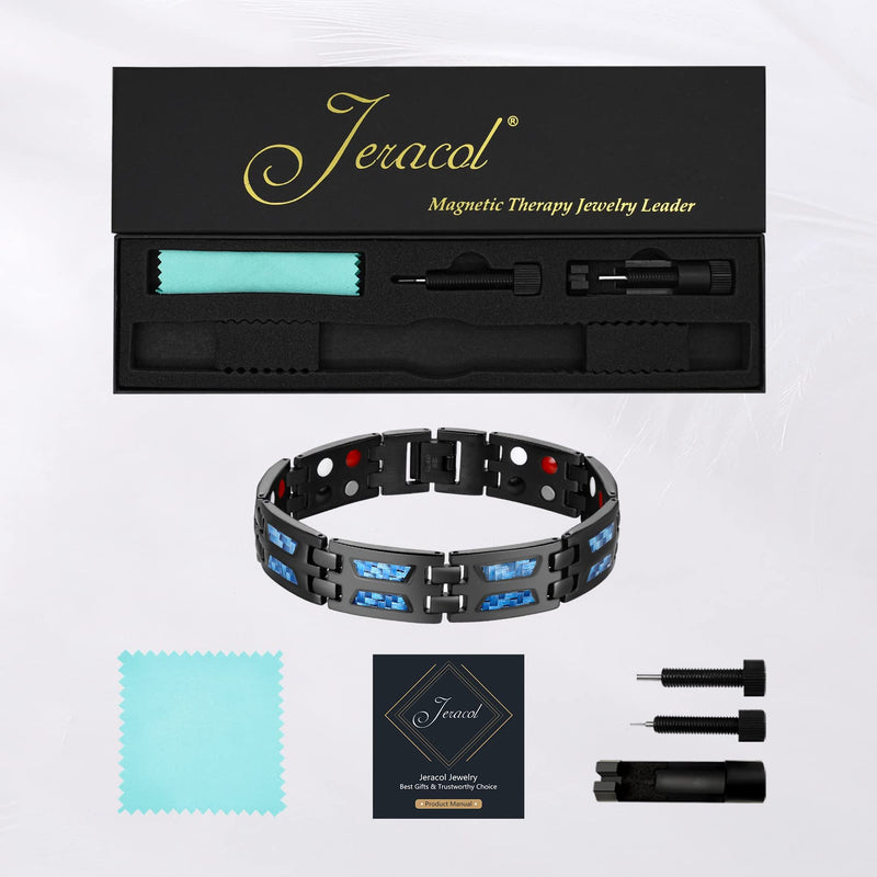 Jeracol Blue Carbon Fiber Titanium Steel Magnetic Bracelet for Men, 4 Element Double Row Strong Magnets,Size Adjustable Brazaletes Wristband with Removal Tool&Gift Box,Gift for Boyfriend Father's Day A-black Bule - NewNest Australia