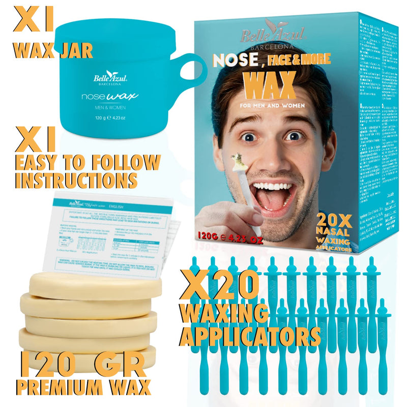 Belle Azul Nose Hair Wax Removal Set - 120g - Nose Hair Warm Wax Hair Removal Kit - made from high-quality organic beeswax - with 20 reusable applicators - men & women - Made in Spain - NewNest Australia