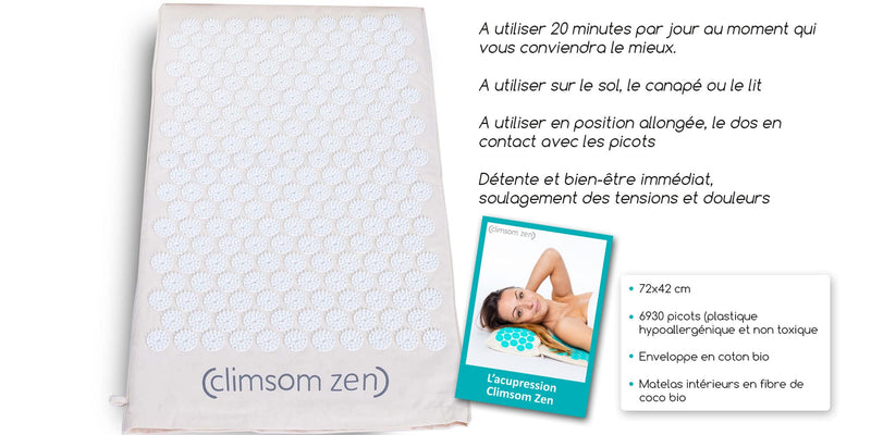 Climsom Zen Acupressure Mat, 3 Colors (Blue, White, Purple), 100% Natural And Organic Textiles, Jute Bag And Advice Book Included, Back Massage For Home (White) - NewNest Australia