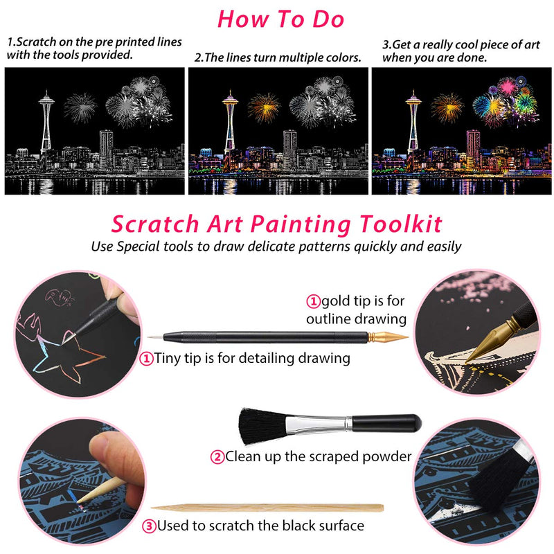 Rainbow Scratch Art Painting Paper (A4) for Adults & Teens, Night View Scratchboard Set:4 Sheet Scratch Cards, Clean Brush, Drawing Pen(Times Square / Golden Gate Bridge / Seattle / Statue of Liberty) America - NewNest Australia