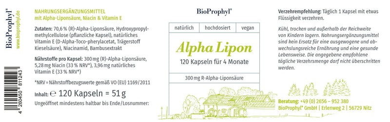 Bioprophyl Alpha Lipon - 300 Mg Pure Natural - (R)-Alpha Lipoic Acid - Without Synthetic (S)-Alpha Lipoic Acid - With Vitamin E And Niacin - 120 Vegetable Capsules - NewNest Australia