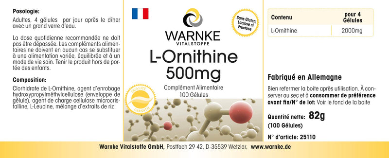 L-Ornithine capsules - 500mg L-Ornithine per capsule - high dosage & vegan - 100 capsules - amino acid | Warnke vital substances - NewNest Australia