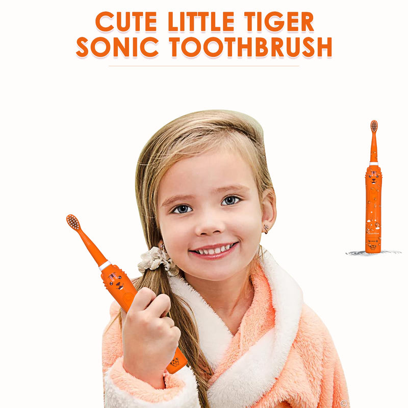 Kids Sonic Electric Toothbrush, Rechargeable Smart Toothbrush for Children, Toothbrush for Toddlers Boys Girls Age 3-12 with 30s Reminder, 2 Mins Timer, 6 Modes, 6 Brush Heads, Wall-Mounted Holder 8650 Orange+ 6 Heads+ Stand - NewNest Australia