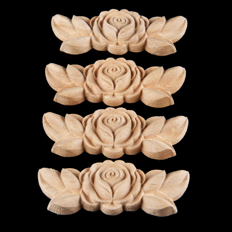 NewNest Australia - MUXSAM 4Pcs Wood Carved Molding Corner Onlay Applique Rose with Stem Door Cabinet Decor Unpainted Dress Up Furniture, 9x3.5x0.8cm/3.54"x1.38"x0.3", E Style 4-Pack E-style 