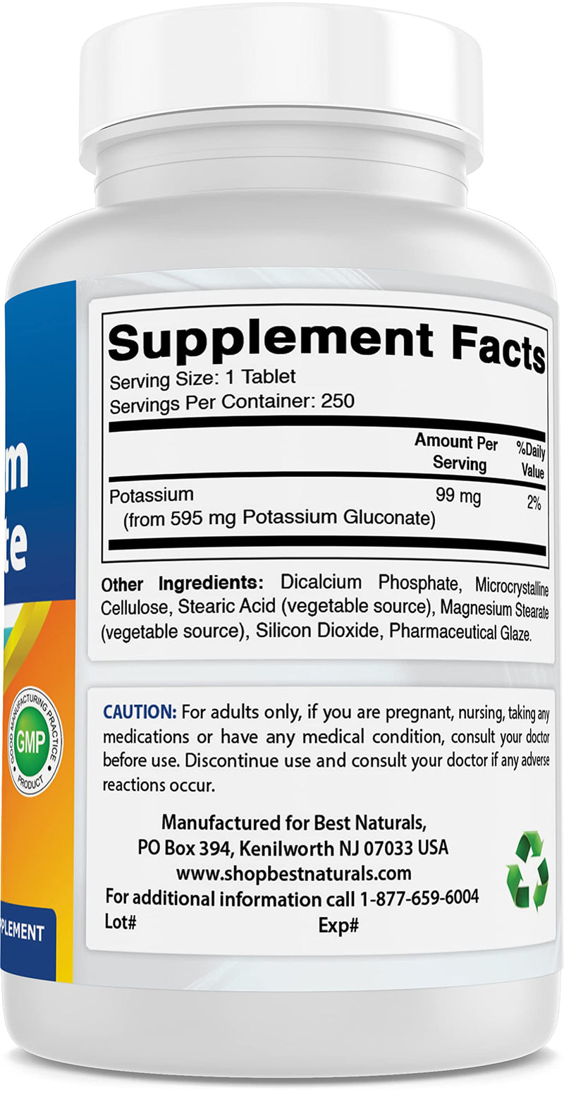 Best Naturals Potassium Gluconate Supplement 595 Mg Tablet, 250Count 250 Count (Pack of 1) - NewNest Australia