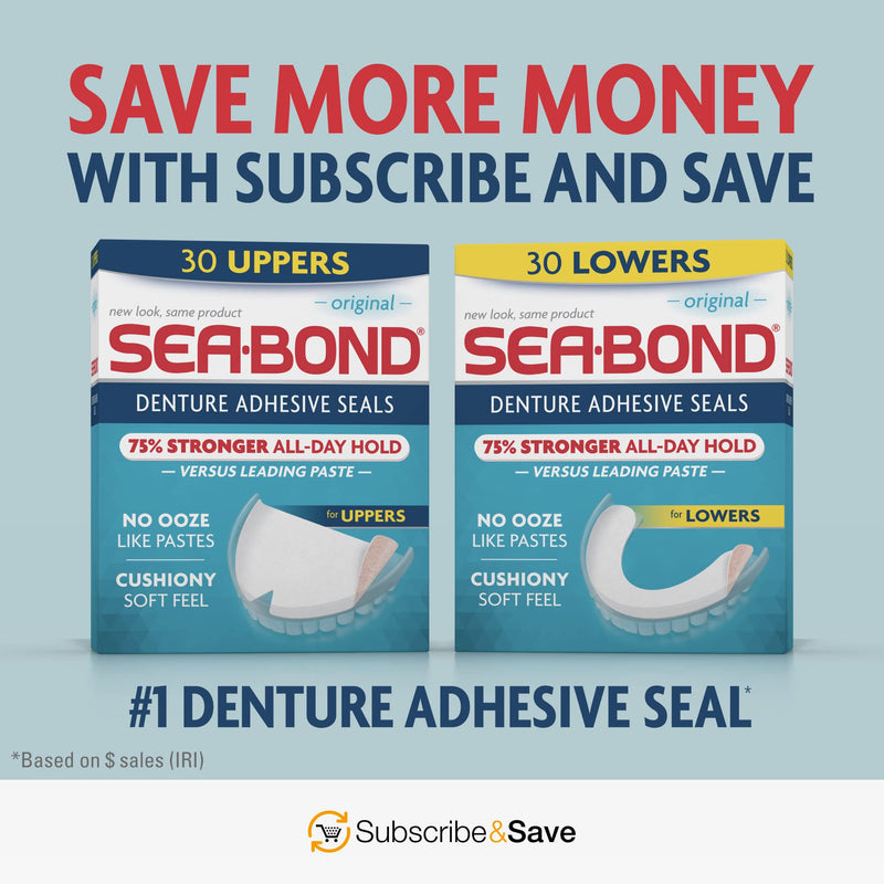 Sea Bond Secure Denture Adhesive Seals, Fresh Mint Lowers, Zinc Free, All Day Hold, Mess Free, 30 Count 30 Count (Pack of 1) - NewNest Australia