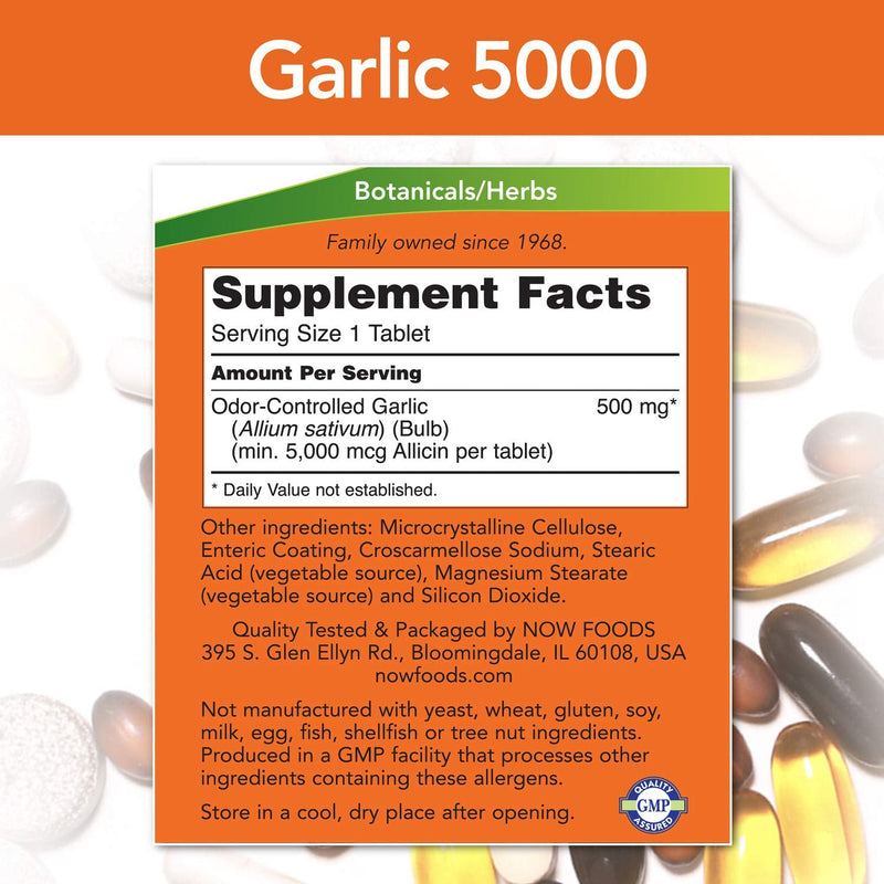 NOW Supplements, Garlic 5,000 (Allium sativum), Enteric Coated, Odor Controlled, 90 Tablets - NewNest Australia