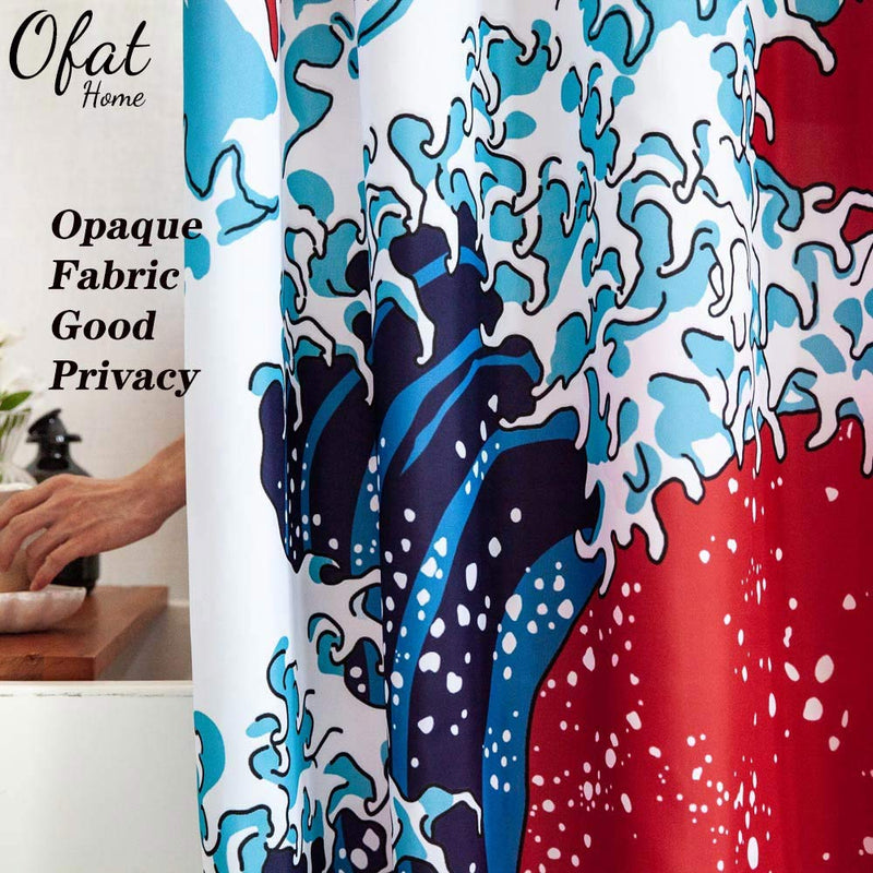 Ofat Home Artistic Ukiyoe Shower Curtain Set with Hooks, Japanese Monster Godzilla Shower Curtains Hokusai The Great Wave Painting Bathroom Accessories, No Liner Needed, Red Blue, 72x72 inch 90gsm 72x72 in - NewNest Australia