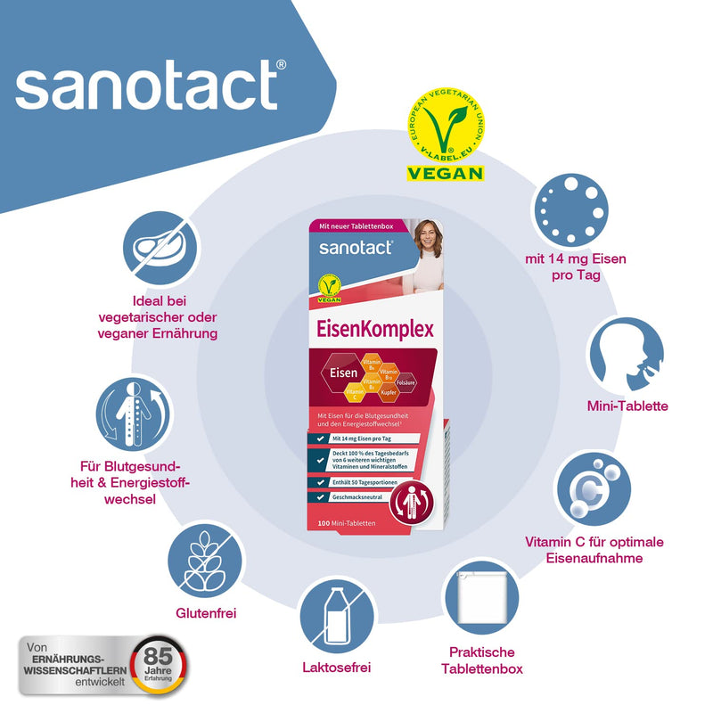 sanotact iron complex mini tablets • 100 mini iron tablets vegan • With high doses of iron, copper, folic acid, vitamin C, B2, B6, B12 • Immediate effect for iron deficiency 50 portions (pack of 100) - NewNest Australia