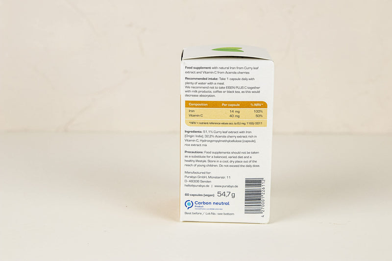 Vegetable iron from curry leaf with 40 mg of natural vitamin C from acerola | in the glass | Iron with 100% NRV | Vegan | Only 1 capsule daily | 2 month supply - NewNest Australia